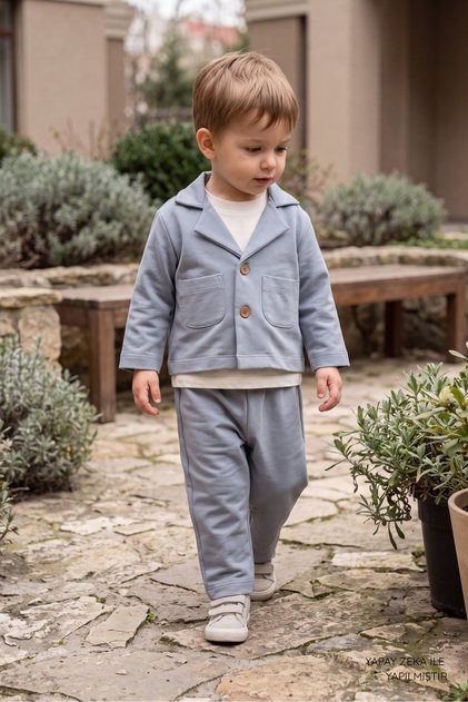 100% Cotton Baby Boy Set - Stylish 2-Piece Set with Collared Buttoned Jacket and Pants 6-24 Months