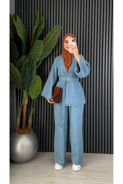 Women’s Denim Belt Detail Pants Blouse Set