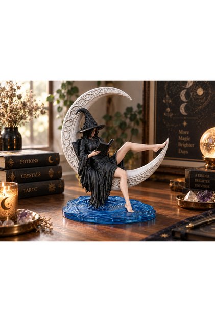 Gotik Cadı Figürü 15 cm – Hilal Ay Üzerinde Kitap Okuyan Dekoratif Biblo