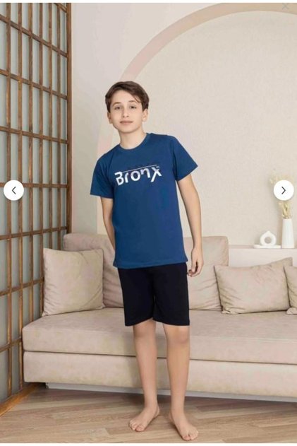 Boy's Indigo Blue Short Sleeve Shorts Combed Cotton Pajama Set 4007-