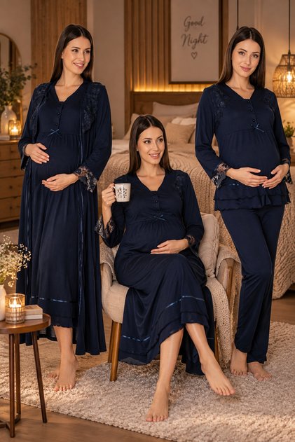 100% Cotton Lace Detailed 4-Piece Maternity Set with Hidden Breastfeeding Feature