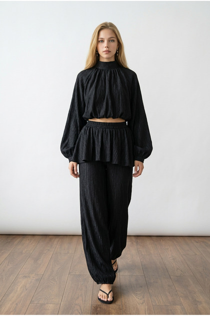 Women's Black Satin Peplum Shalwar Pants Crop Balloon Blouse Premium Suit Yy101419