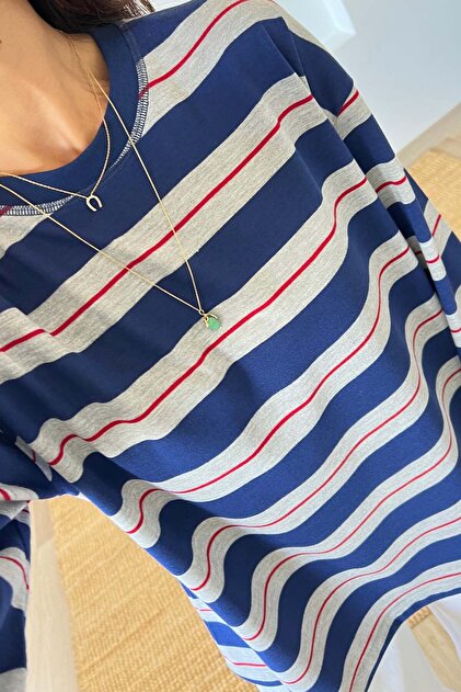 Navy Blue Soft Textured Striped Sweatshirt