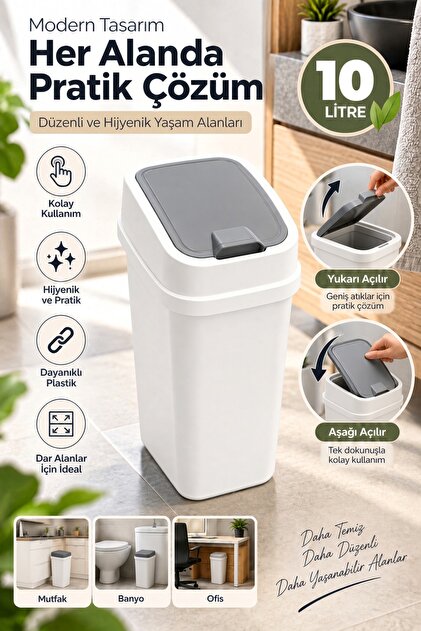 10 Litre Çift Yönlü Açılır Kapaklı Çöp Kovası – Mutfak, Banyo ve Ofis İçin Dar Slim Plastik Çöp Kutusu