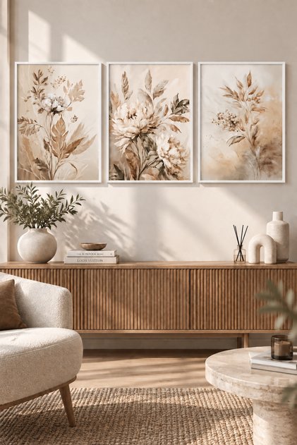 Natural Wood Framed 3-Piece Soft Beige Floral Wall Decor Decorative Painting Set for Living Room Living Bedroom Kitchen Entrance