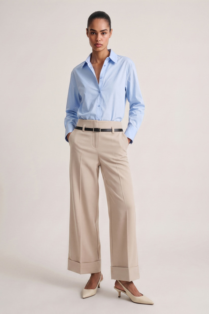 Women's Trousers Palazzo Pants with Belt High Waist Loose Wide Leg Double Leg Beige Fabric Work Trousers Stylish Flowy