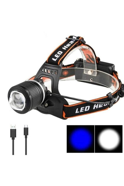 Lanternă frontală cu zoom pentru pescuit, camping, lumină albă T6 și lumină albastră, 3 moduri de iluminare