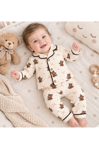 Bear Patterned Long Sleeved Bottom and Top Baby Pajama Set - 100% Cotton