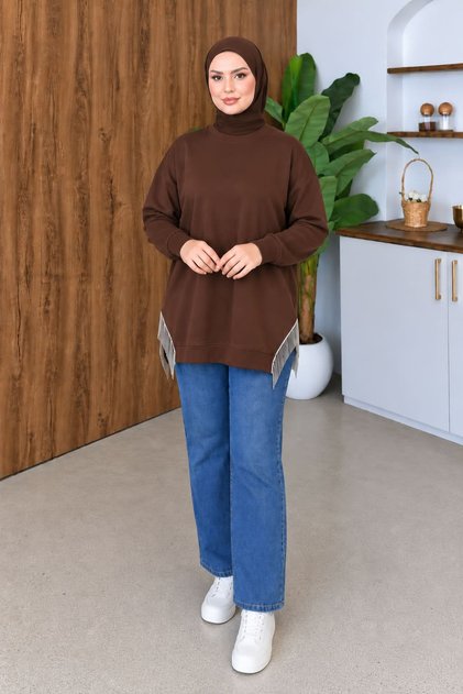 Women's Tassel Detailed Comfortable Fit Hijab Sweatshirt Tunic