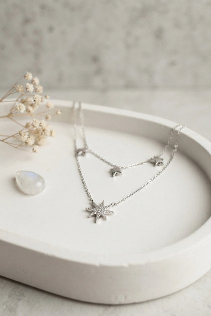 Brass Silver Color Zircon Stone Pole Star Model 2-Piece Women's Necklace