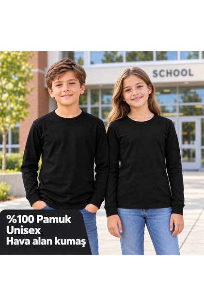 Siyah Uzun Kollu Düz Tişört Baskısız Desensiz Basic Günlük Giyim Okul Modeli