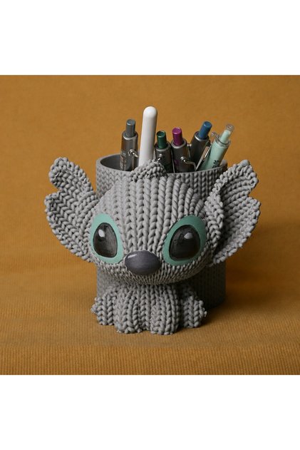 3D Baskı Knitted Kalemlik - Sevimli Karakterli Masaüstü Kalem Organizeri-Gri