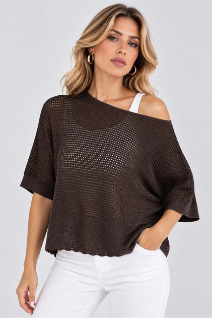 Women's Openwork Knit Boat Neck Bat Sleeve Oversize Knitwear Blouse - Stylish New Season