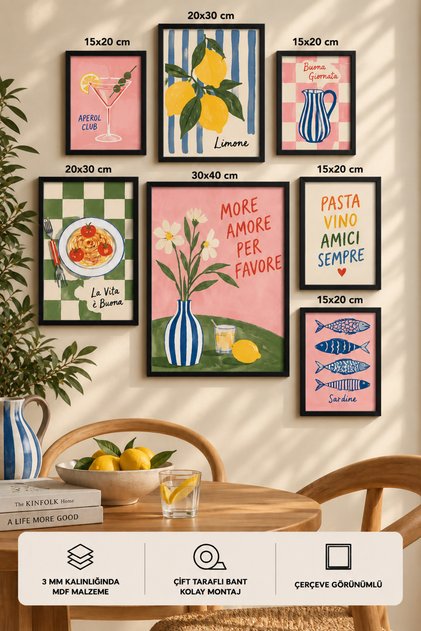 7-Piece Frame-Looking Modern Painting Set | Retro & Pop Art - Dolce Vita | Living Room, Office, Kitchen and Study Room Wall Decoration