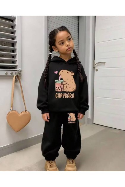 Girl's Black Hooded Heart Capy Bara Printed Sweatshirt-Black Tracksuit Set
