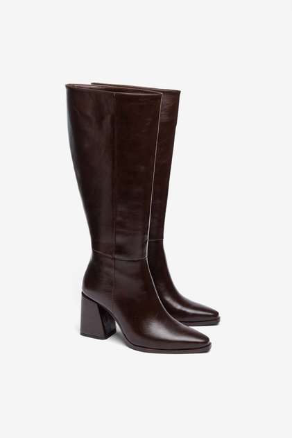 Bitter Brown Shiny Pointed Toe Thick Heeled Semi-Zipper Boots