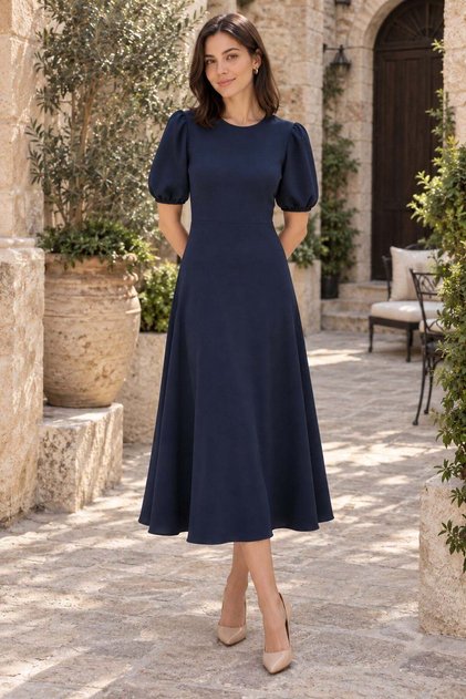 Rochie midi din crep cu mâneci balon și croială relaxată - Bleumarin