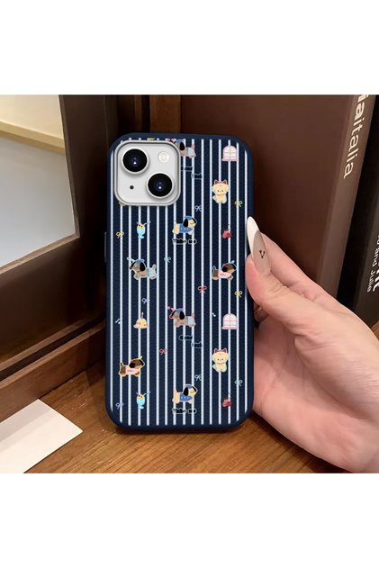 iPhone 15 Compatible Blue Leather Textured Silicone Protects Camera Shock-Absorbing Cartoon Dog Pattern Case
