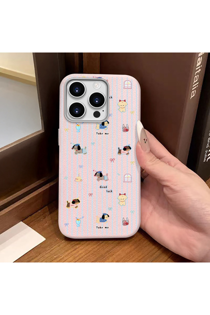 iPhone 16 Pro Max Compatible Pink Leather Textured Silicone Camera Protection Shock Absorbing Cartoon Dog Pattern Case