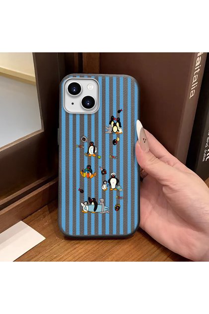 iPhone 15 Compatible Gray Leather Textured Silicone Protects Camera Shock-Absorbing Pingu Cartoon Penguin Pattern Case