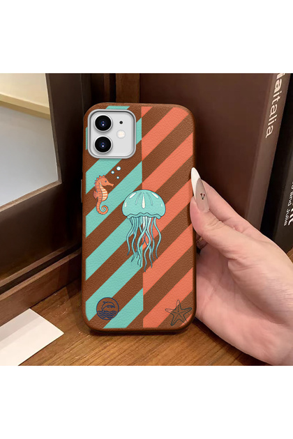 iPhone 12/12 Pro Compatible Brown Leather Textured Silicone Camera Protective Shock-Absorbing Jellyfish Pattern Case