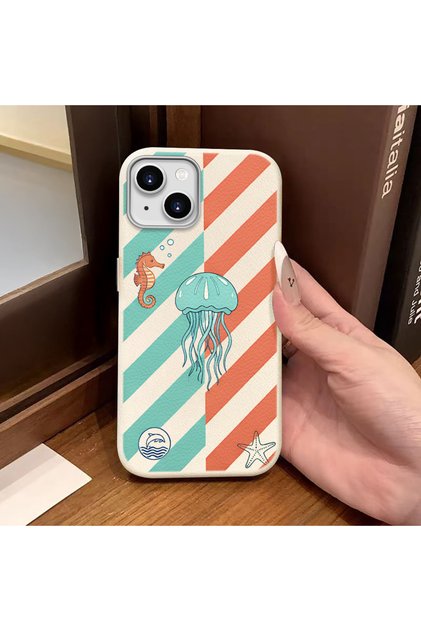 iPhone 13/14 Compatible White Leather Textured Silicone Camera Protective Shock-Absorbing Jellyfish Pattern Case