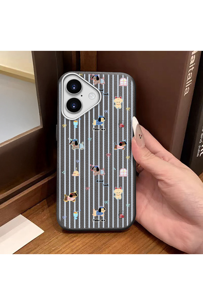 iPhone 16 Compatible Gray Leather Textured Silicone Camera Protection Shock-Absorbing Cartoon Dog Pattern Case