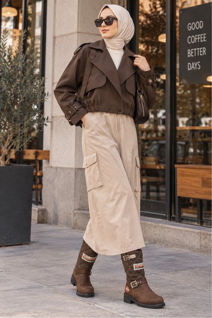 Bolero Detaylı Beli Lastikli Dokuma Büzgülü Manşetli Crop-Bommer Ceket - K. Kahve