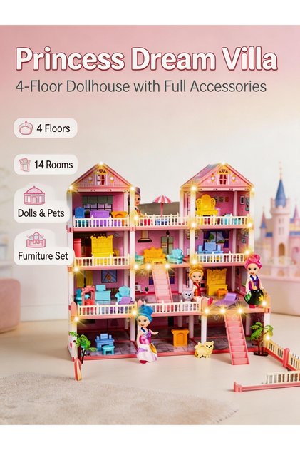 Dollhouse,4 Floors Castle House,Doll House Toys,DIY Building Playset for Girl,Assemble Kitchen, Bedroom, Furniture, Garden,Pets, DIY Pretend Play Doll House Toys