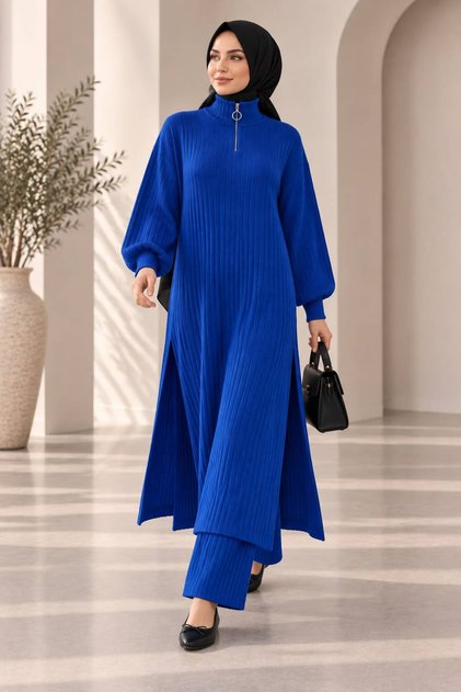 Women's collar, zippered, side slit, tunic, pants set