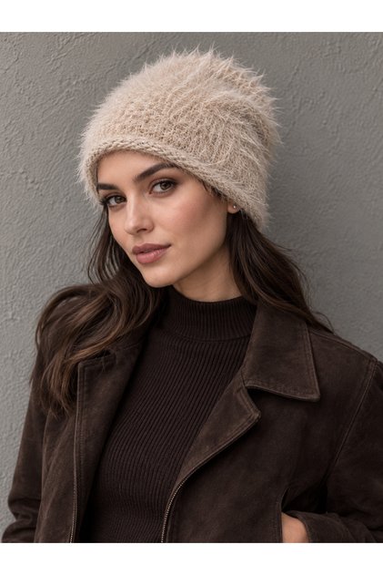 Women's Beige Long Furry Plush Beret Bere1156