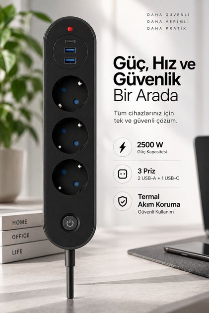 Blic Termal Akım Korumalı 3’lü Priz 2500W – 1 USB-C + 2 USB-A Hızlı Şarj Girişli Çoklu Priz – Aşırı Akım, Isınma ve Kısa Devre Korumalı Aç/Kapa Anahtarlı Siyah Uzatma Prizi Grup Priz