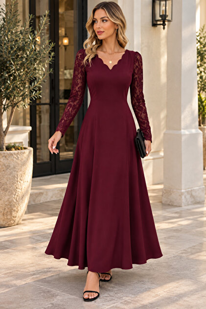 Timeless Elegance - Women's Long Sleeve Lace Sleeve Detailed V-Neck Long Crepe Dress