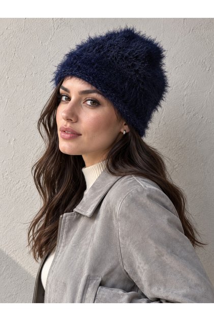 Women's Navy Blue Long Furry Plush Beret Bere1156
