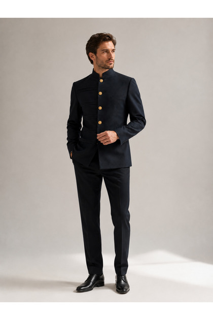 Men's Elegant Black Mandarin Collar Suit Jacket – Slim Fit with Gold Buttons, Premium Formal Wear