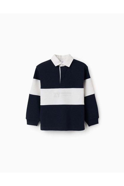 Sweatshirt With Polo Collar And Colour Block For Boys, White/Navy Blue