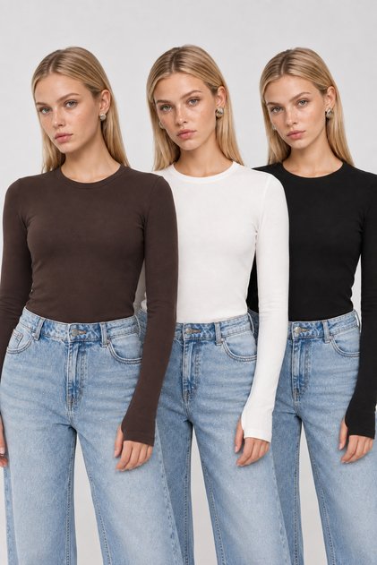 3-Pack Crew Neck Basic Knitted Blouse Lcr0012 Black Brown Ecru