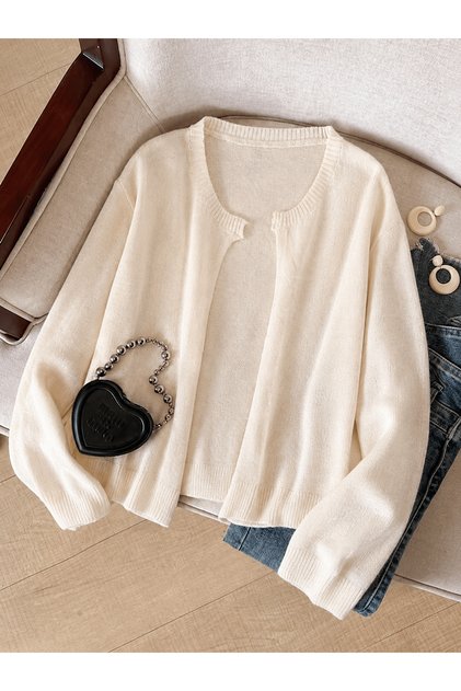Crew Neck Ecru Knitwear Cardigan