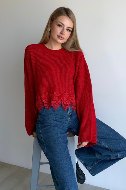 Crew Neck Sweater with Lace Detail