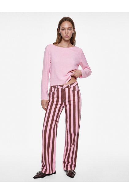 Cotton Regular Fit Regular Waist Pocketed Straight Leg Gabardine Fabric Striped Trousers