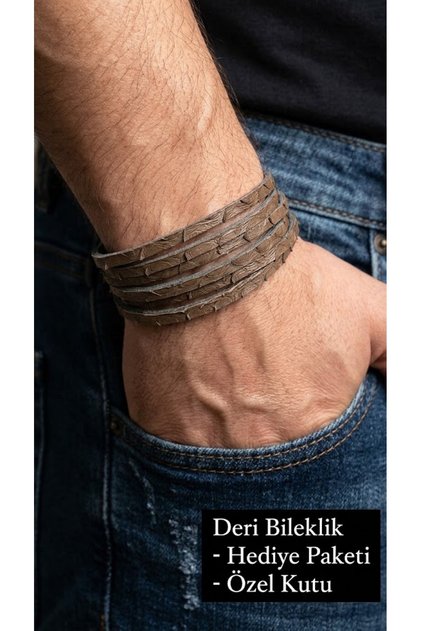 Torvani Taupe Mink Leather Men's Bracelet - Multi-Row Textured Stripe Design