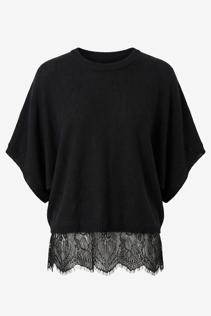 Batwing Sleeve Skirt Lace Detailed Mercerized Blouse - Black