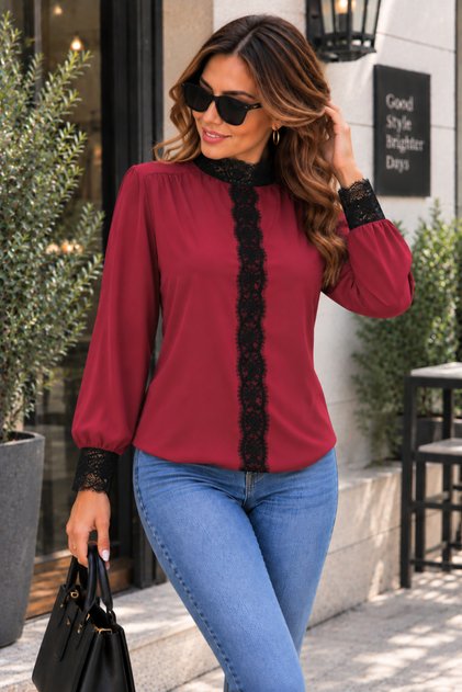 Timeless Elegance Women's Stand Collar Lace Detailed Long Sleeve Stylish Sandy Blouse