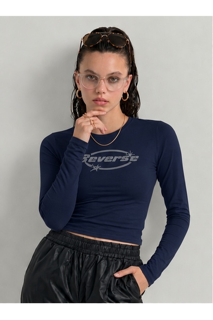 Women's Reserve Written Stone Print - Lycra Long Sleeve Body Tee Crop