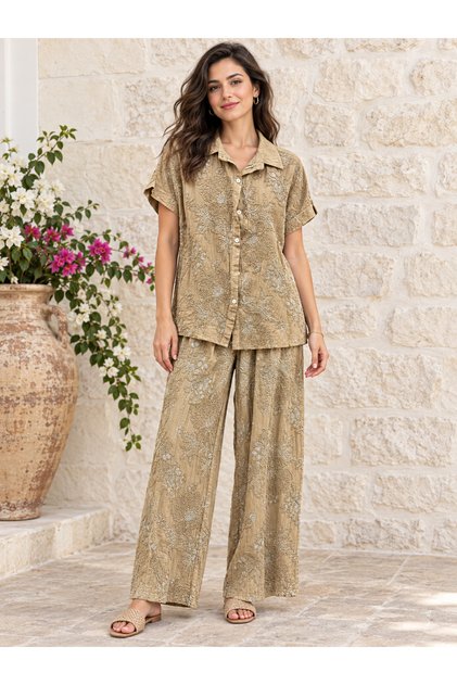 Women's Italian Short Sleeve Embossed Shirt and Trousers Set 44-48