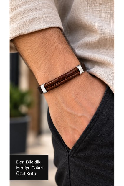 Wervano Chest Brown Leather Men's Bracelet - Hand-Knitted Wrap Detail Band