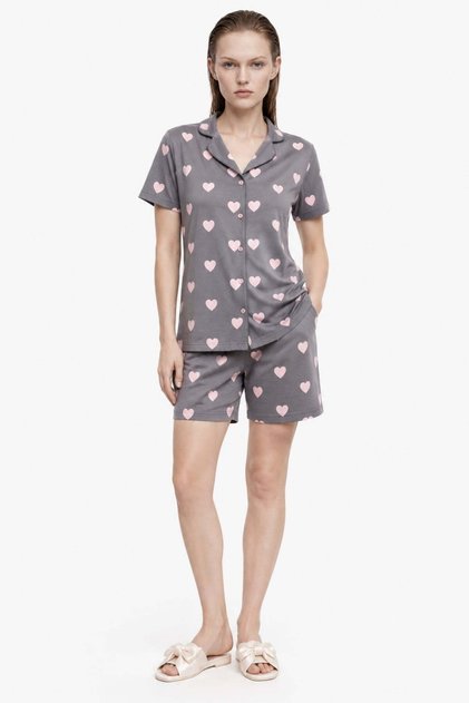 Heart Pattern Buttoned Shorts Pajama Set