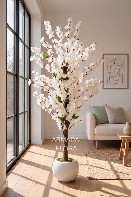 Premium Yapay Beyaz Bahar Dalı Ağacı 140 cm 27x33 Küre Saksılı
