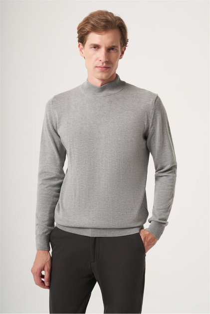 Gray Turtleneck Long Sleeve Knitted Comfort Fit Cotton Sweater 1012265001
