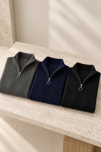 Pack of 3 Men's Ribbed Stand Collar Winter Knit Sweaters